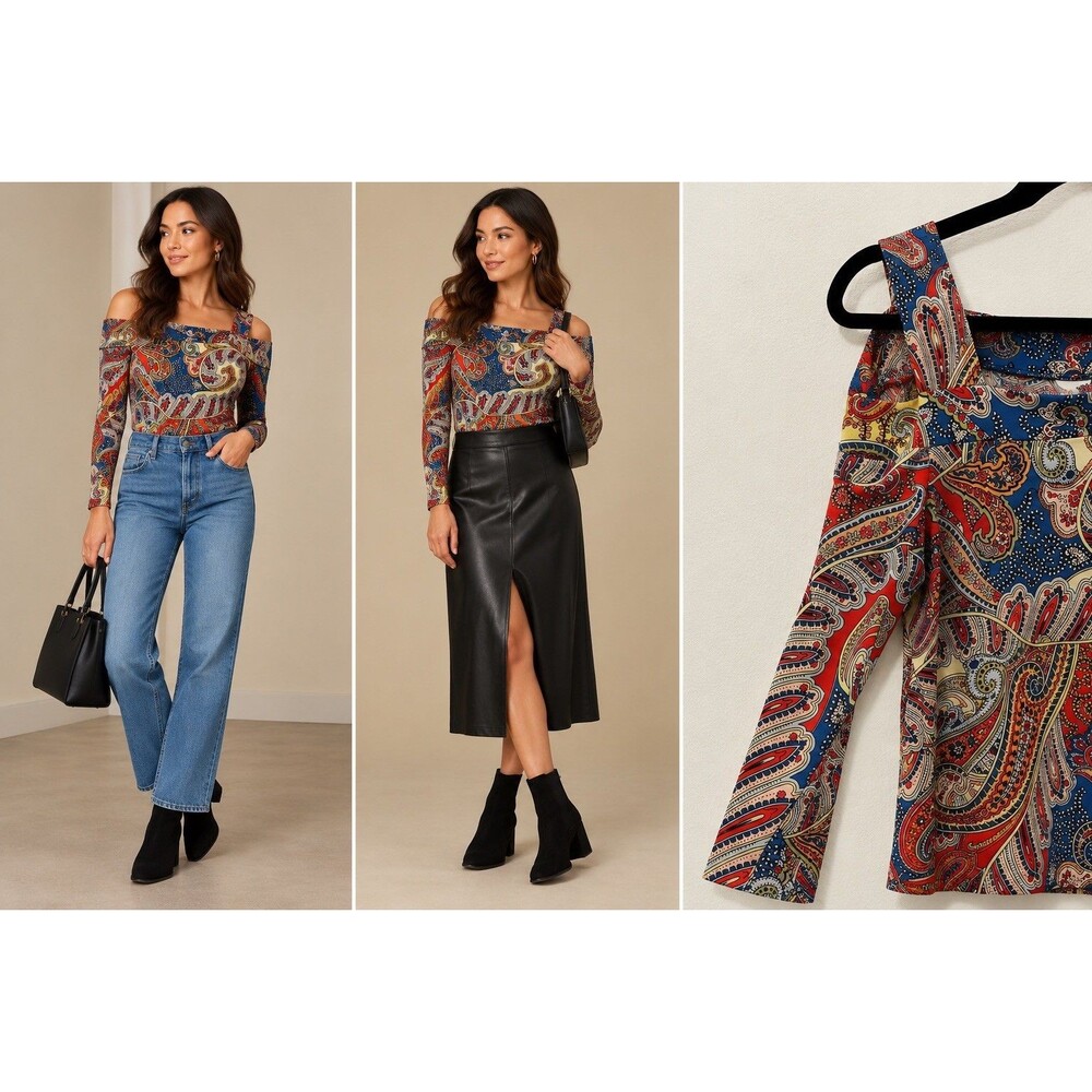 Chico's Women’s Slinky Colorful Paisley Print Cold Shoulder Blouse Top Size M